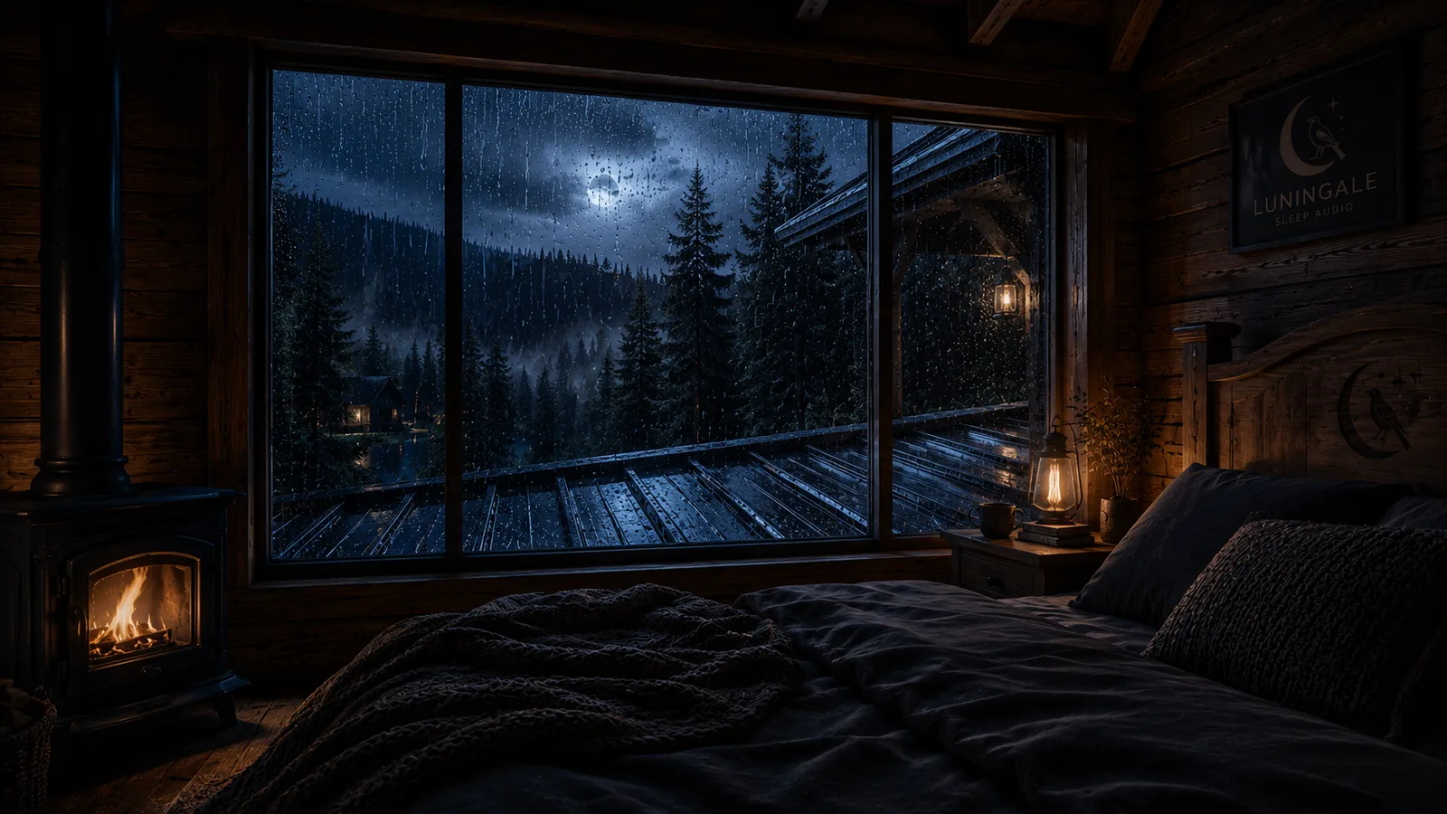 Rain streaking a cabin window at night, a lake and pines beyond
